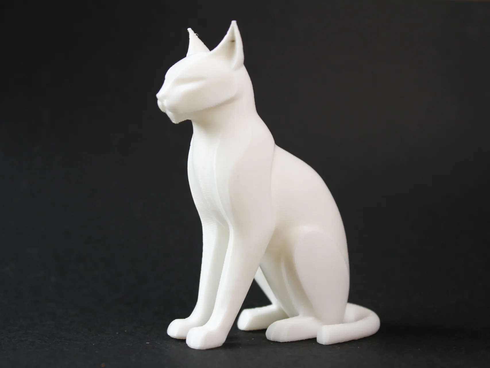 Figura de gato impresa en 3D vista de lado, con detalles suaves de rostro y cuerpo sobre un fondo neutro