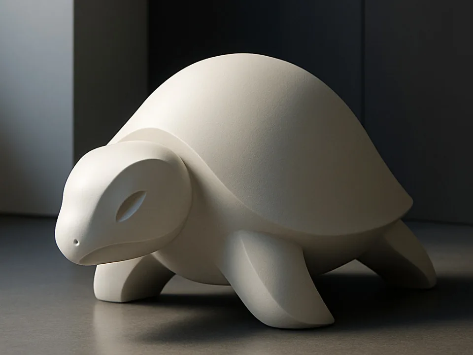 Figura de tortuga impresa en 3D vista de lado, con detalles suaves de rostro y cuerpo sobre un fondo neutro
