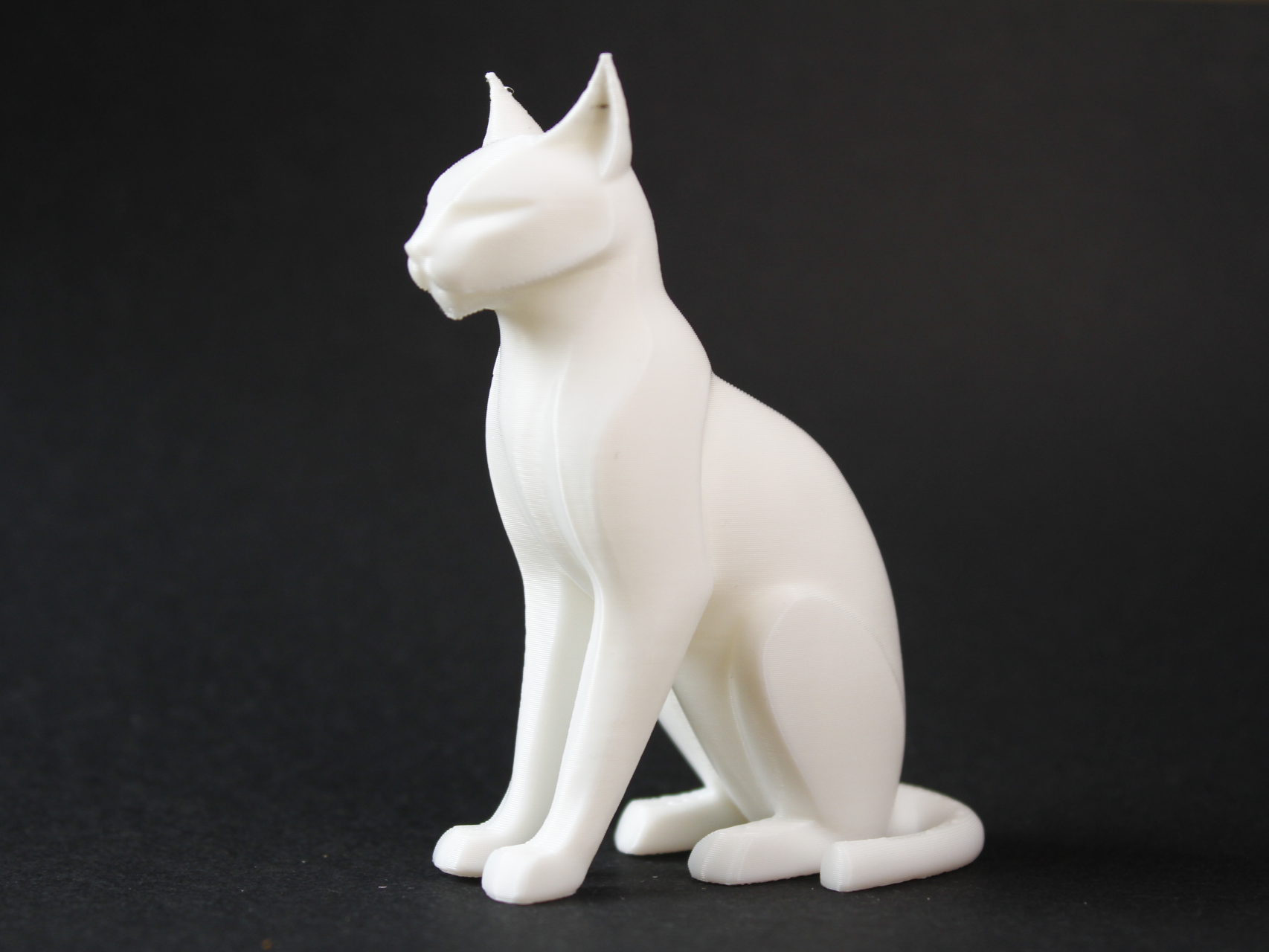 Figura de gato impresa en 3D vista de lado, con detalles suaves de rostro y cuerpo sobre un fondo neutro