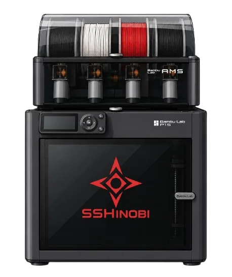 Desktop 3D printer with finished 3D printed parts displayed on a worktable; filament spools and tools visible in the background, showing a small tidy workshop ready for hand pickup. Tone: professional and inviting