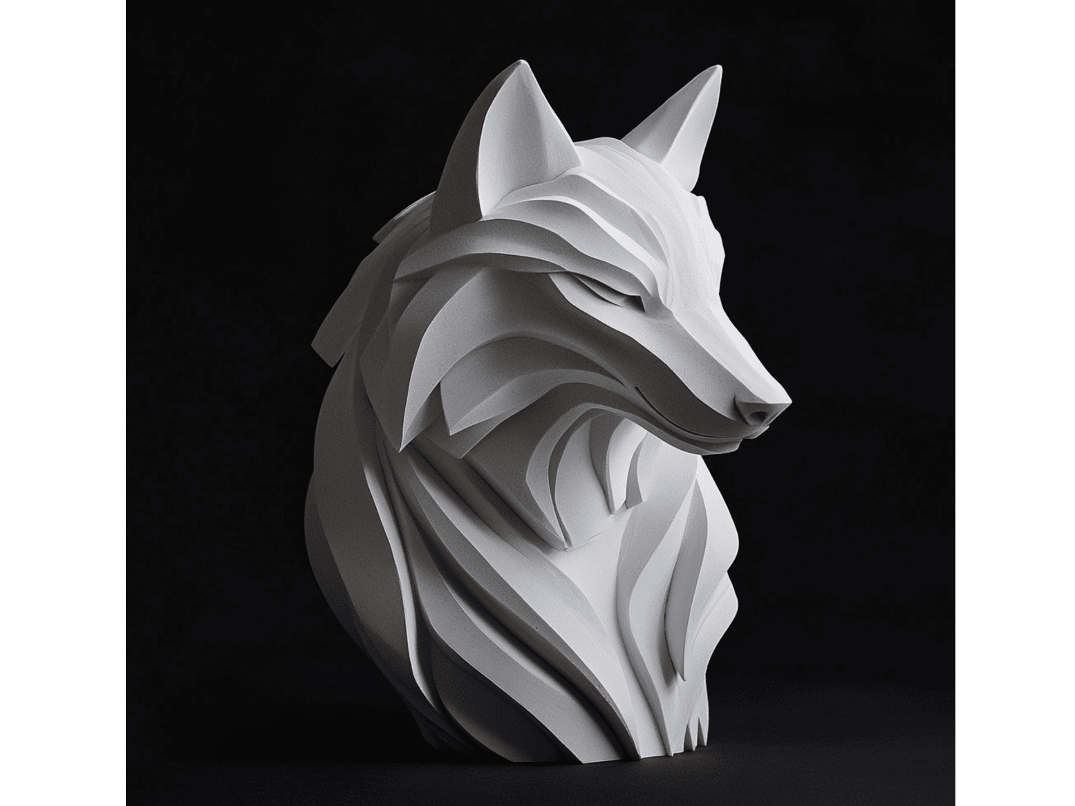 Busto de lobo impreso en 3D con formas suaves y facetas geométricas, iluminado contra un fondo oscuro con un tono elegante