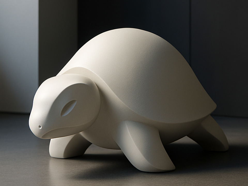 Figura de tortuga impresa en 3D vista de lado, con detalles suaves de rostro y cuerpo sobre un fondo neutro